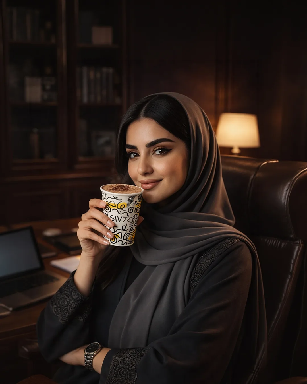 Empty South Kensington café interior at dawn with marble counter and brass details